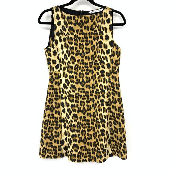 Zara Sleeveless Mini Dress Womens Size Small Boatneck Leopard Print Tan Black - Picture 1 of 6